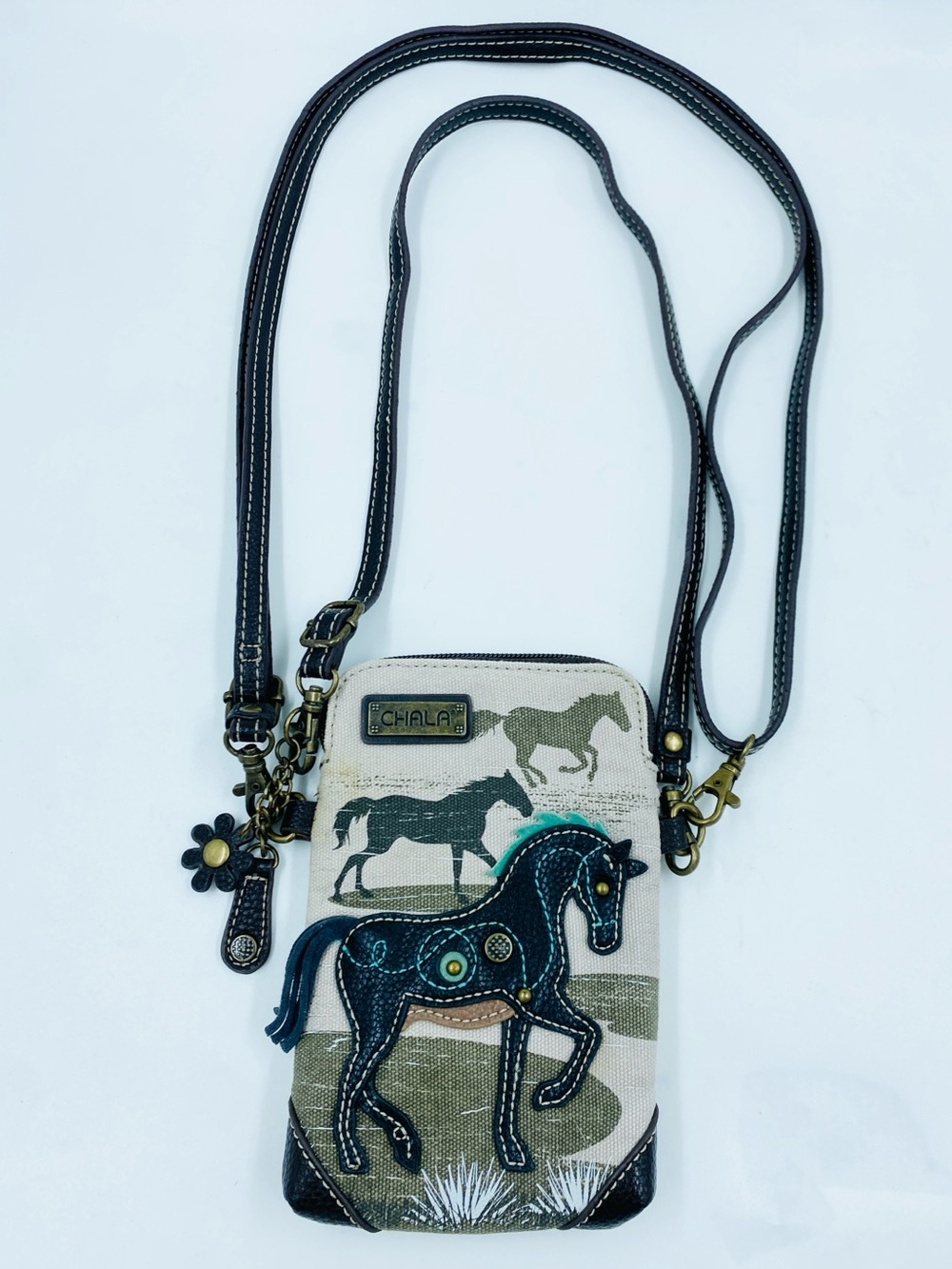 Chala Leather Canvas Horse Convertible Crossbody Purse Shoulder Bag - Picture 2 of 7